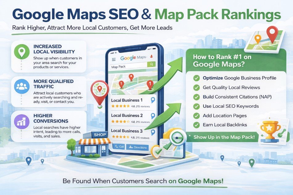 Google Maps SEO and Map Pack Rankings infographic showing local visibility, map rankings, reviews, citations, and Google Business Profile optimization