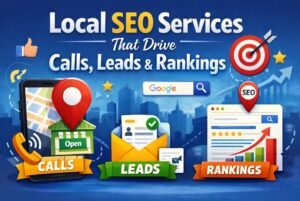 Illustration showing local SEO services that help businesses increase phone calls, generate leads, and improve Google rankings through local search optimization.