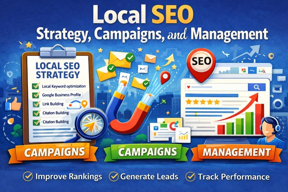 Illustration showing local SEO strategy, campaigns, and management to improve local rankings, generate leads, and track SEO performance for businesses.
