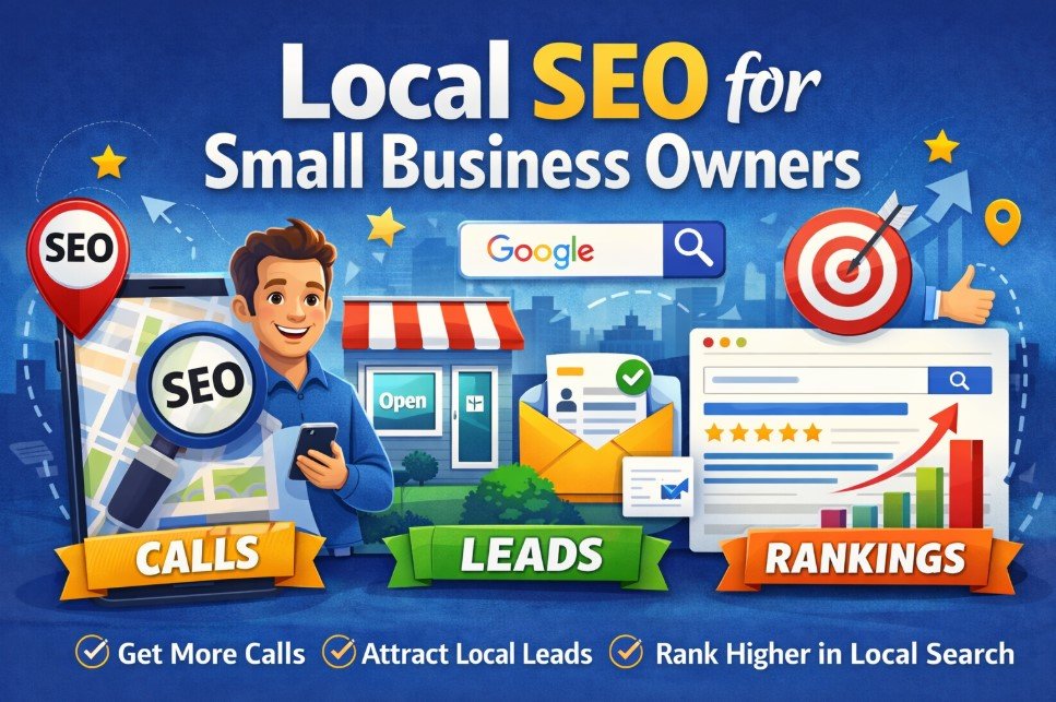 Local SEO for small business owners illustration showing Google rankings, local leads, and increased customer calls through local search optimization.