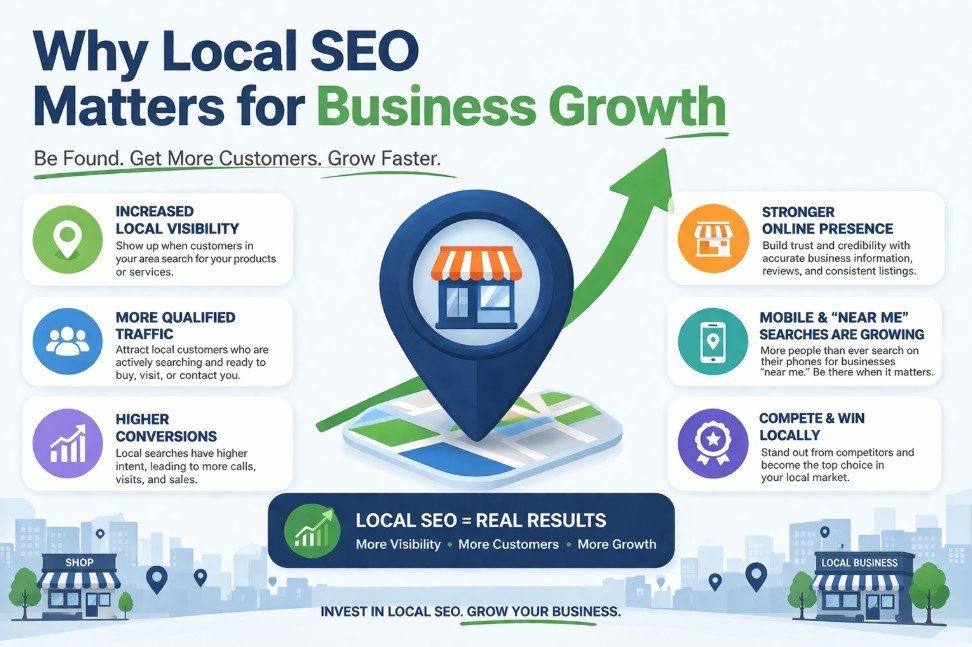 Why Local SEO Matters for Business Growth infographic showing visibility, traffic, leads, trust, and Google Maps rankings